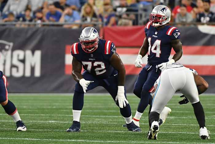 Aug 19, 2022; Foxborough, Massachusetts, USA; New England Patriots offensive tackle Yodny Cajuste (72) lines up during the first half of a preseason game against the Carolina Panthers at Gillette Stadium.